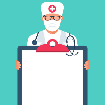 Doctor holding blank board in hands. Doctor in a protective medical mask on the face. Template for information. Precautions Covid 2019. Vector illustration flat design. isolated on white background.のイラスト素材