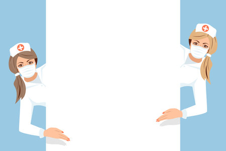 Doctor in protective medical mask, showing blank signboard. Poster for advertising hygiene products or instructions for medical prevention. Template your design, information. Vector flat design.のイラスト素材