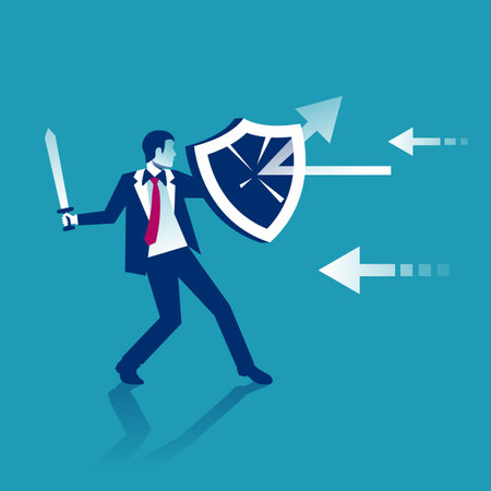 attack protection. Businessman holds a shield defending from attacks. reflection impact. Vector illustration flat design. isolated on white background. Series of successful business people.のイラスト素材