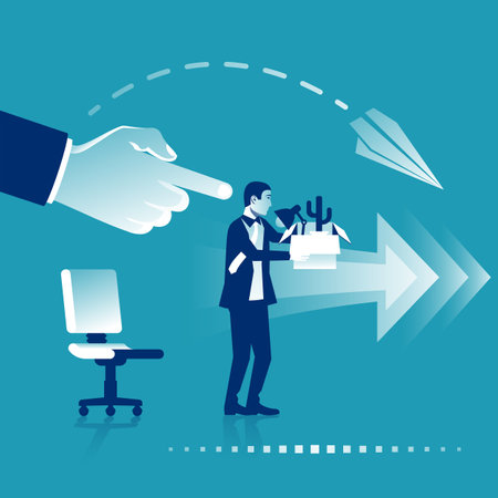 Firing employee. Sad man with a box in hands leaves work. Dismissed businessman. Employee job reduction, unemployment, crisis in job. Vector illustration flat design. isolated on background.のイラスト素材