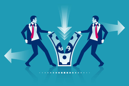 Two businessmen fighting for money. Divide profits. financial conflict. Tearing money. conflict concept. Torn in half. Vector illustration flat design. isolated on white background.のイラスト素材