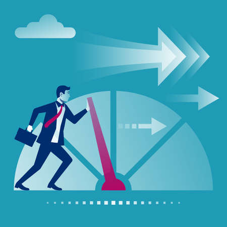 Credit score, gauge. Businessman push speedometer scale changing personal credit information. Poor and Good. Vector flat design. Isolated on white background. Business aspirations.のイラスト素材