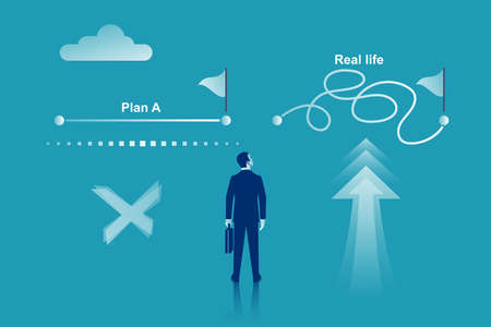Plan A and plan B. Real life. Businessman passes to second option. Vector illustration flat design. Up and down arrow as symbol of success solution and failure.のイラスト素材