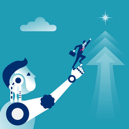 Robot help man. Businessmen and robot. Vector illustration flat style design. Symbol of working together, cooperation, partnership. Business concept. Teamwork metaphor.のイラスト素材