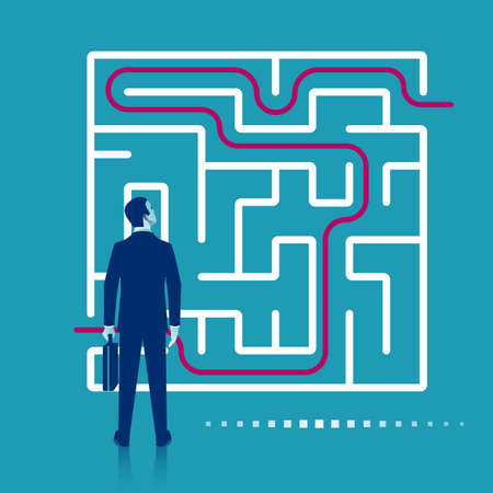 Creative problem solving. Businessman standing about wall drawing exit from labyrinth. Business concept. Choice way. Vector illustration flat design. Isolated on background. Achieving the goal.のイラスト素材