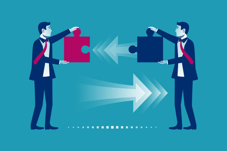 Business teamwork concept. Two businessmen connecting puzzle elements. Vector illustration flat...