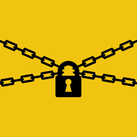 Chain with lock. Concept of protection. Black chains icon. Silhouette closed lock. Pictogram security. Vector illustration flat design. Isolated on yellow background.のイラスト素材
