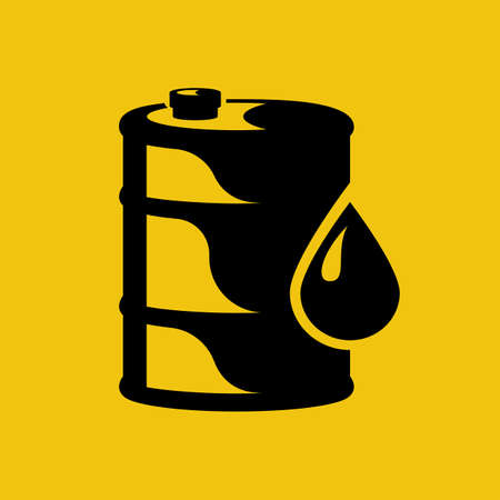 Oil barrel. Oil icon. Black silhouette fuel tank. Vector illustration flat design. Isolated on yellow background. Gasoline pictogram. Drop of fuel and container.のイラスト素材
