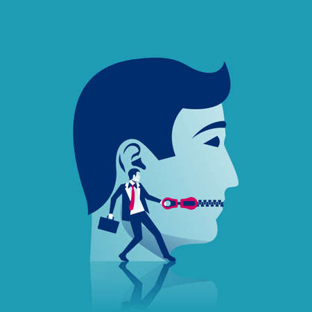 The businessman closes mouth to man. Mouth with zipper. Lips on lock. Vector illustration flat design. Not conversations. Symbol of silence. Violation of an individuals rights. Silence against.のイラスト素材