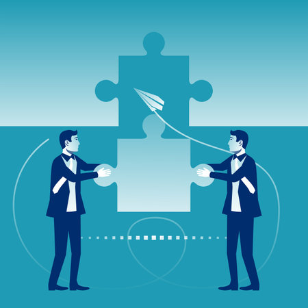 Business teamwork concept. Two businessmen connecting puzzle elements. Vector illustration flat style design metaphor. Symbol of working together, cooperation, partnership.のイラスト素材