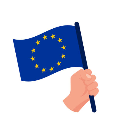 Flag of the European Union holding in hand. Yellow stars on a blue background. Vector illustration flat design. Isolated on background.のイラスト素材
