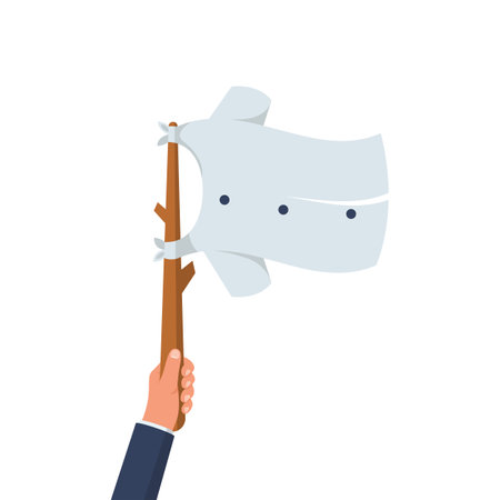 White flag holding in hand. Flag surrender. Man held up a white cloth on stick. Vector illustration flat design. Symbol give up. Peace negotiations.のイラスト素材