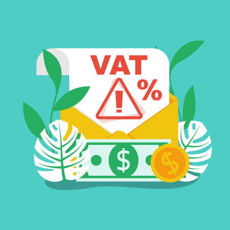 VAT payment landing page. Vat receipt in envelope. Data analysis, paperwork, financial research, report. Calculation tax government, state. Flat design vector illustrationのイラスト素材