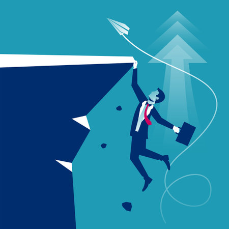 Motivation Businessman climbs up. Motivational banner. Reach the goal. Hard work. Way to success. Achievement growth. Successful people. Vector illustration flat design.のイラスト素材