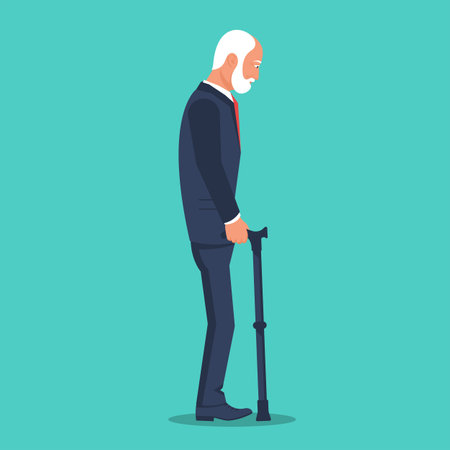 Old man with a cane. A gray-haired businessman stands with a walking cane. Vector illustration flat design. Isolated on white background.のイラスト素材