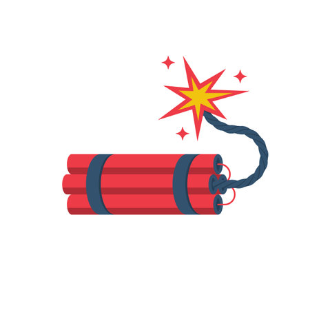 Dynamite with burning wick. Dynamite bomb. TNT detonator. Vector illustration flat design. Isolated on white background.のイラスト素材
