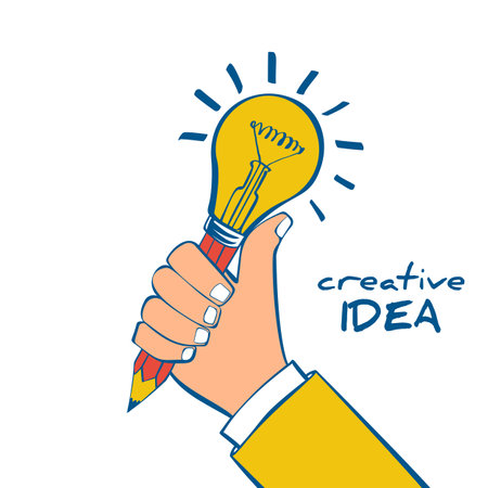 Creative idea concept. Hand holding pencil with bright glowing light bulb. Innovation, solution. Success in education, work project. Vector illustration sketch style. Cartoon design.のイラスト素材
