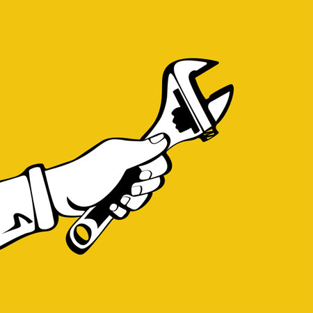 Worker holding in hand a spanner. Isolated on white background. Vector illustration, sketch design. Technical service, repairs, customer support and other mechanical processes.のイラスト素材