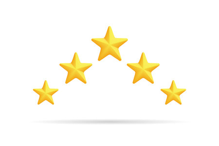Star rating 3d rendering design. 5-star rate icon. Feedback concept. Evaluation system. Positive review. Vector illustration cartoon style. Isolated on white background. Quality work. Web Template.のイラスト素材