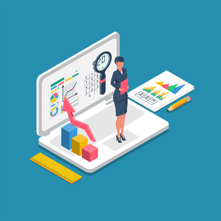 Financial consultant online. Consultant businesswoman. Landing page, accounting organization process. Vector illustration flat design. Isolated on white background. Market analysis expert.のイラスト素材