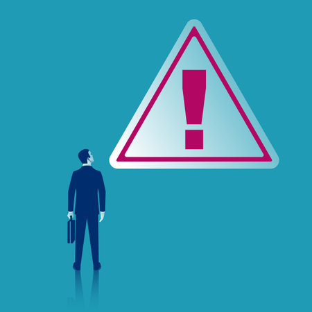 Attention in business concept. Big exclamation mark on a way. Businessman in suit with briefcase standing. Vector illustration flat design. Isolated on white background.のイラスト素材