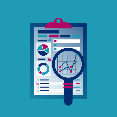 Financial accounting concept. Organization process, analytics, research, planning, report, market analysis. Flat style vector. Magnifying glass, clipboard financial tables, graphs.のイラスト素材