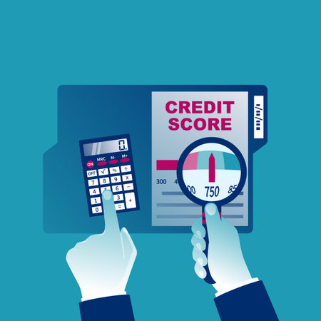 Credit score, gauge. Study credit information. Hold calculator and magnifying glass. Report form document. Vector illustration flat design. Isolated on white background. Graph sheet. Financial rating.のイラスト素材