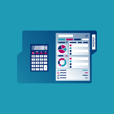 Summary report concept. Analyzing statistical data. Research chart, calculation. Compact data summary. Documents folder. Vector illustration flat design. Calculator and clipboard.のイラスト素材