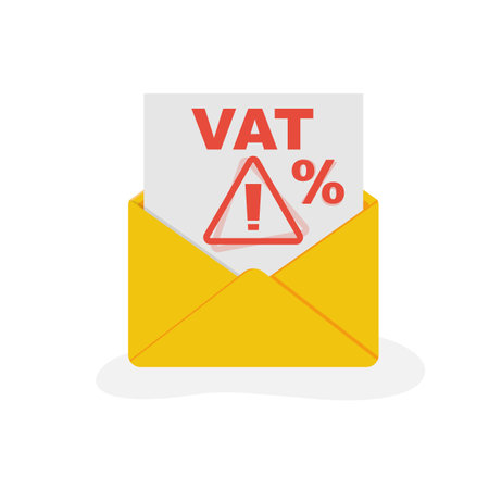 VAT payment landing page. Vat receipt in envelope. Data analysis, paperwork, financial research, report. Calculation tax government, state. Flat design vector illustrationのイラスト素材