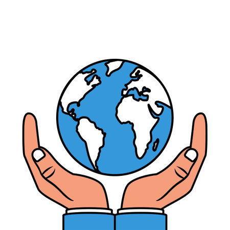 Human hands holding globe. Outline icon. Planet in hands man. Vector illustration black line design. Protection concept.のイラスト素材