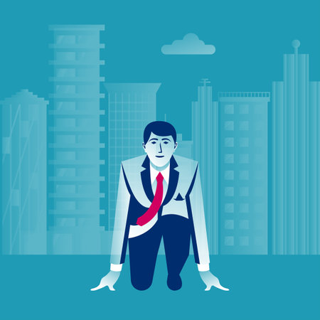 Businessman on a starting position against the backdrop of a big city. Preparing for a start. Competition running track. Starting career concept. Vector illustration flat design.のイラスト素材