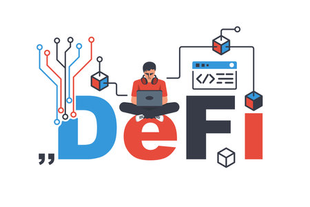 Defi concept. Developer with laptop working on a project. Future technologies. Vector illustration flat design. Isolated on white background.のイラスト素材