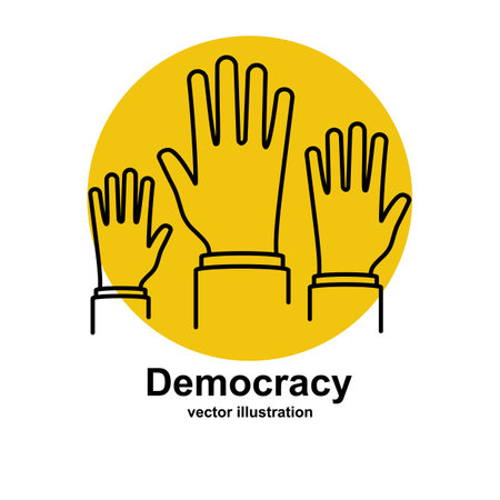 Democracy concept. International Day of Democracy. Black line icon. People raised their hands. Vector illustration flat design. Isolated on white background.のイラスト素材