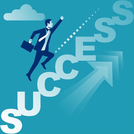 Direction to success. Businessman jumps up the arrow with inspiration. Vector illustration flat design. Isolated on white background. Way forward. Career growth.のイラスト素材