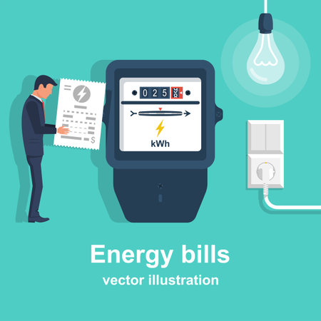 Energy bills. Man paying utilities. Concept of invoice and electricity meter. Electricity bills. Check for payment in hand. Vector illustration flat design. Isolated on background.のイラスト素材