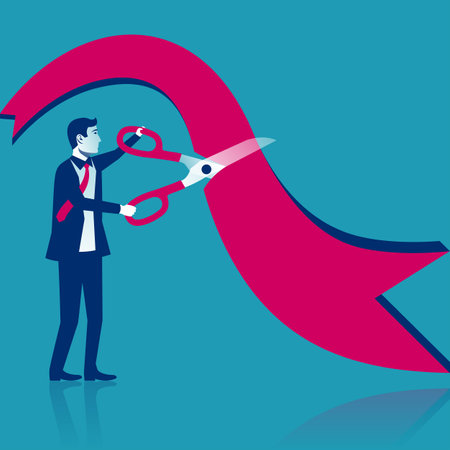 Businessman is hold big scissors cutting red ribbon. Isolated on white background. Grand opening concept. Vector illustration flat design. Template ceremony, celebration, presentation and event.のイラスト素材