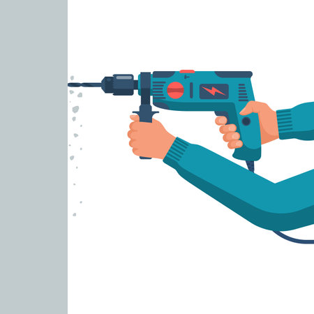 Professional home worker drilling a concrete wall. Hand drill in the hands of a worker. Manual electric tool. Equipment for repair and housework.  Drilling tool. Vector illustration flat design.のイラスト素材