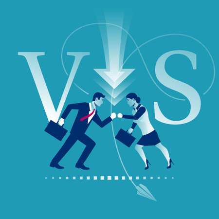 Two businessmen man and woman collided in battle. Versus concept. Vector illustration flat design. Isolated on white background. Dispute of people. Business conflict concept.のイラスト素材
