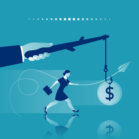 Incentive concept. Business metaphor. Personnel management leadership. Motivate people. Big hand holds gold coin on stick, and a woman running for bait. Vector illustration flat design. Attract earn.のイラスト素材