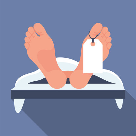 Corpse in the morgue. Dead man in the morgue. Legs of a dead man with a white tag. The human body is covered with a white sheet. Vector illustration flat design. Isolated on background.のイラスト素材
