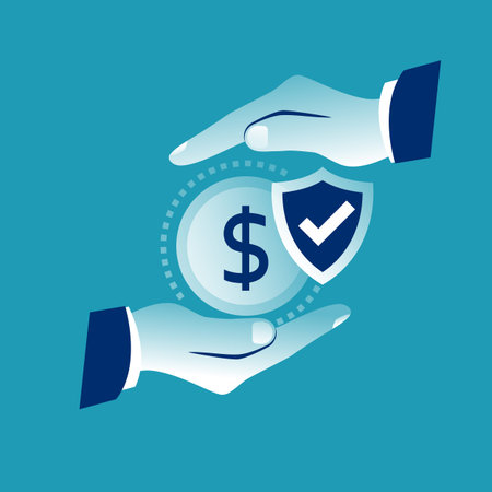 Protection money. Man holding hands over the money to protect. Concept of a safe and secure investment, insurance. Dollar coin and security shield. Vector illustration flat design.のイラスト素材