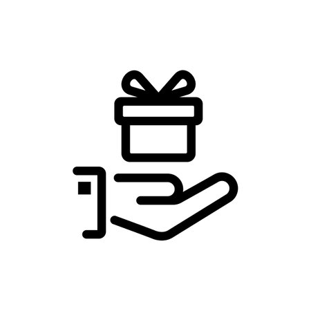 Give gift black line icon. Man holds gift box with a red ribbon in hands, minimal outline design. Giving, receiving surprise. Vector illustration flat design. Delivery of gifts for holiday.のイラスト素材
