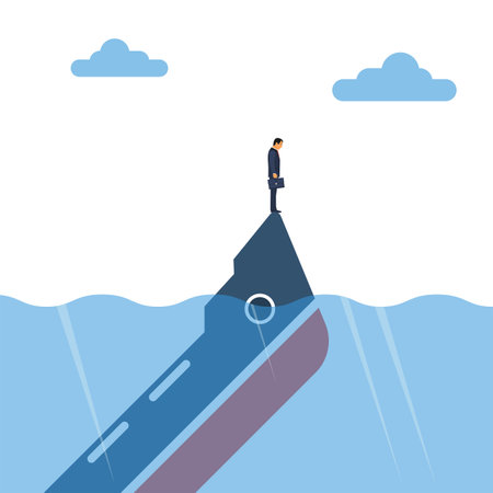 Sinking ship as a metaphor for a loss-making business. Failed idea or financial crisis. A sad businessman stands on a sinking ship. Vector illustration flat design.のイラスト素材