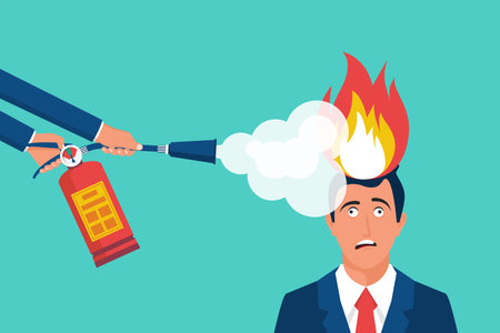 Put out head fire. A man with a fire extinguisher extinguishes a fire in a burning brain. Psychological therapy help. Burnout and emotional problem, mental illness. Vector illustration flat design.のイラスト素材