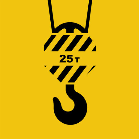 Black silhouette crane hook isolated on a yellow background. Industrial steel hook tower crane. Steel tower crane hook, yellow with black stripe. Lifting large loads. Vector illustration flat design.のイラスト素材