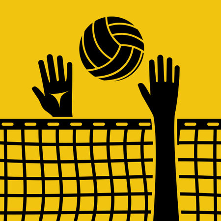 Volleyball action. Ball above net during a volleyball game. People hit their hands on the ball. Vector illustration flat design. Isolated on white background. Sports vacation, lifestyle.のイラスト素材
