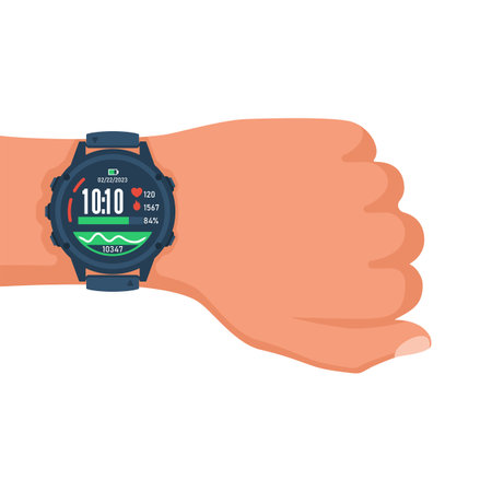 Sports smart watch on a man's hand. Fitness tracker. Pedometer with activity indicator. Heartbeat pulse meter. Vector illustration flat design. Isolated on white background.のイラスト素材