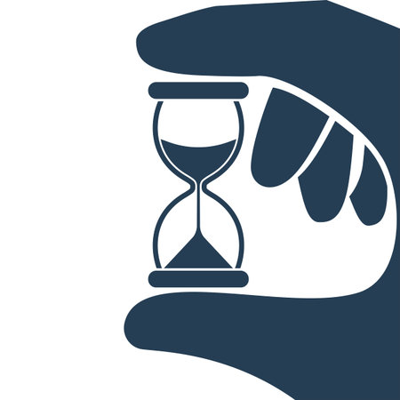 Black silhouette hourglass flat icon. Holding the hourglass in the hand. Vector illustration cartoon design. Time management control. Isolated on white background.のイラスト素材