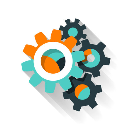 Abstract gears. Set of colored gears. Work and service symbol, concept for web and print. Vector illustration flat design. Isolated on white background.のイラスト素材