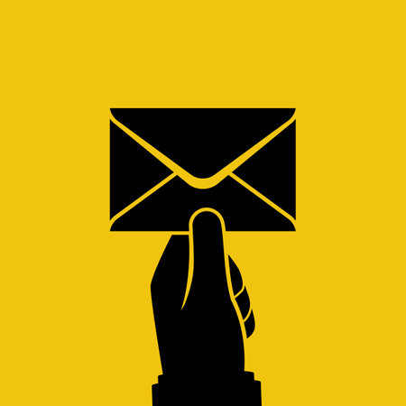 Black silhouette envelope hold in hand. Email message concept, sending. Postman gives a letter. Delivery of messages. Vector illustration flat design. Isolated on background. Email, correspondence.のイラスト素材